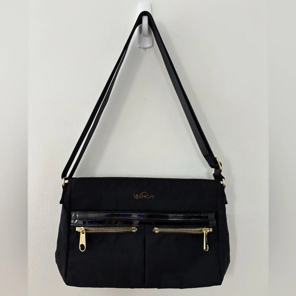 Kipling Shoulder/Crossbody Bag Black Gold Hardware Like New Double Front Pockets - Picture 7 of 7